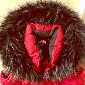 The North Face Red Long Faux Fur Hooded Vest